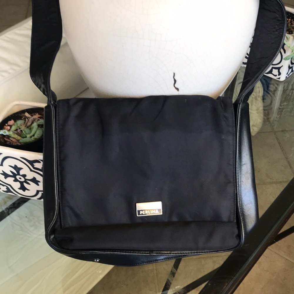 Perlina black leather and nylon bag in good used condition,‎ many compartments